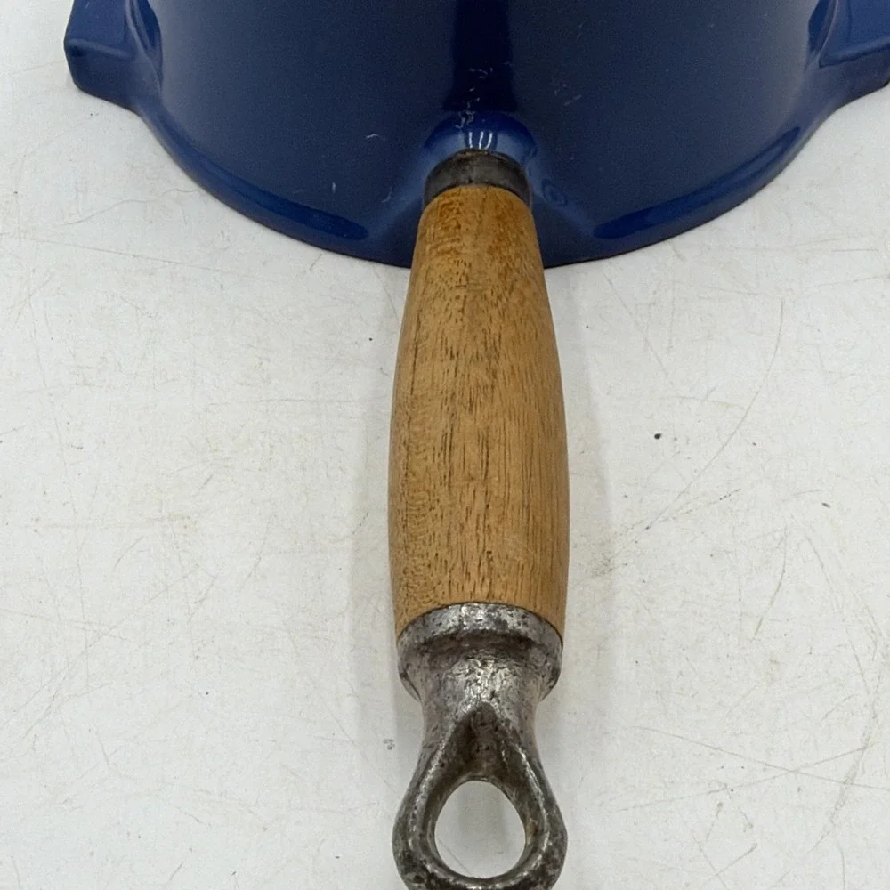 VTG Le Creuset Blue Enameled Cast Iron 1 QT Double Pour Saucepan W/Wood Handle